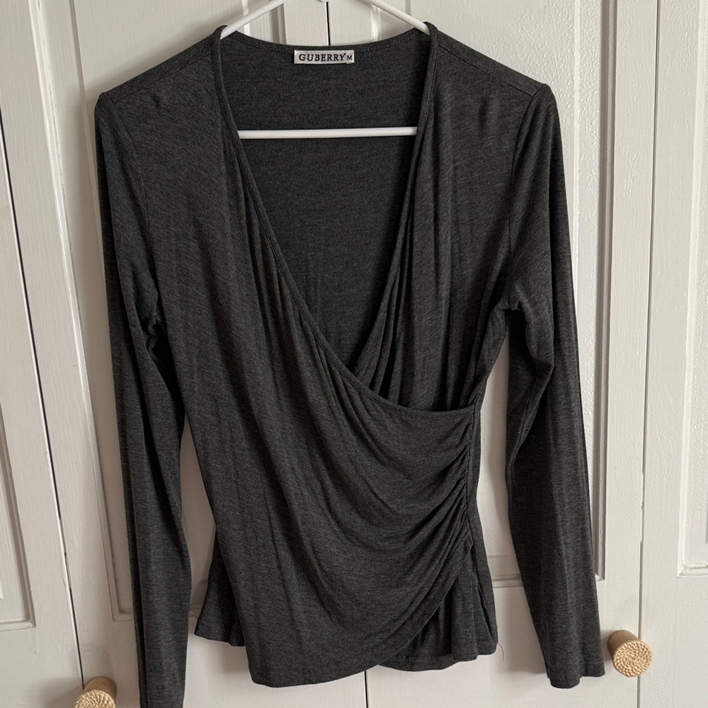 Elegant Dark Gray Wrap Blouse